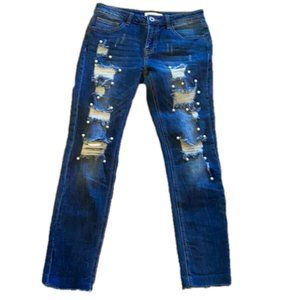 Q2 Jeans Beaded Laced Destroyed Design Ankle